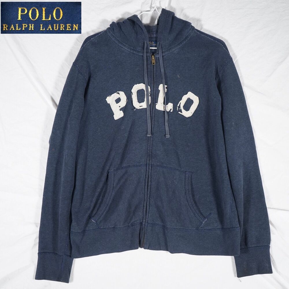 Polo Ralph Lauren Spellout Distressed Hoodie Navy XL Cropped See Measurements